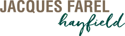 Das Logo von Jacques Farel Hayfield ist auf einem weißen Hintergrund.